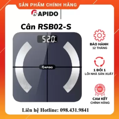 Cân rapido, Cân điện tử 100kg gia đình, Cân điện tử cho người - Cân sức khỏe phân tích chỉ số - loại vuông, có Bluetooth RSB02-S, Phân Tích Các Chỉ Số Cơ Thể, Hiểu Và Kiểm Soát Cơ Thể Bạn