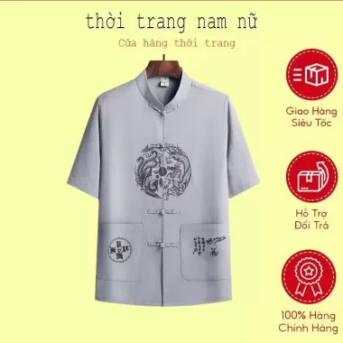Áo Cổ Tàu Nam Chất Đũi Cho Bố, Ông Thêu Rồng Rộng Rãi, Sang Trọng. ( Lẻ áo B2 ) 1