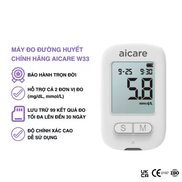 Hình ảnh sản phẩm Máy Đo Đường Huyết ACCU Chính Hãng AICARE W33 + 50 que + 50 kim ( có thể chỉnh đơn vị mg/dL - mmol/L )
