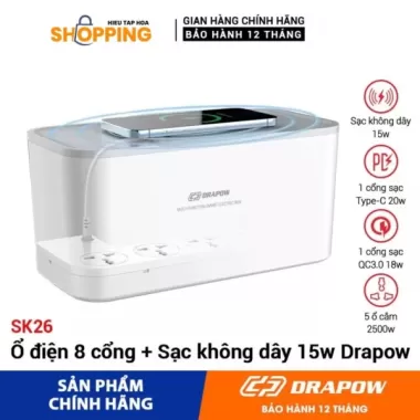 Ổ điện đóng hộp Drapow SK26 5 ổ cắm 2500W, 1 cổng Type C 20W,1 cổng QC 18W, 1 cổng USB-A 12W, Sạc không dây