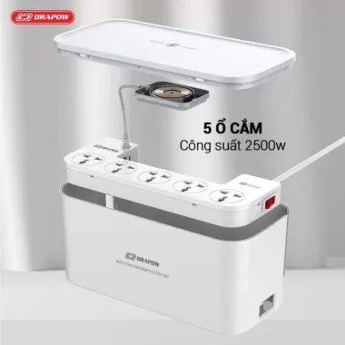 Ổ điện đóng hộp Drapow SK26 5 ổ cắm 2500W, 1 cổng Type C 20W,1 cổng QC 18W, 1 cổng USB-A 12W, Sạc không dây 4 Ổ điện đóng hộp Drapow SK26 5 ổ cắm 2500W, 1 cổng Type C 20W,1 cổng QC 18W, 1 cổng USB-A 12W, Sạc không dây 4