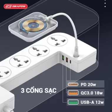Ổ điện đóng hộp Drapow SK26 5 ổ cắm 2500W, 1 cổng Type C 20W,1 cổng QC 18W, 1 cổng USB-A 12W, Sạc không dây 6 Ổ điện đóng hộp Drapow SK26 5 ổ cắm 2500W, 1 cổng Type C 20W,1 cổng QC 18W, 1 cổng USB-A 12W, Sạc không dây 6