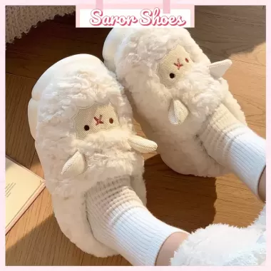 ?1.15?Dép Cotton Cừu Nhỏ Dễ Thương Nữ Thu Đông Túi Gót Chân Chống Trơn Trượt Dép Lông 1