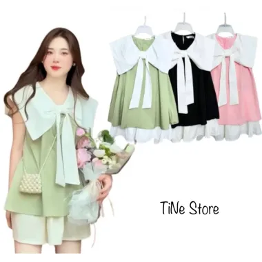 Áo Babydoll Cổ Nơ + Chân Váy Hàn Quốc Giá Rẻ Chỉ 139k - Set Outfit Nữ Xinh