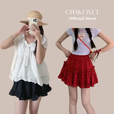 Áo Babydoll Cổ Nơ + Chân Váy Hàn Quốc Giá Rẻ Chỉ 139k - Set Outfit Nữ Xinh