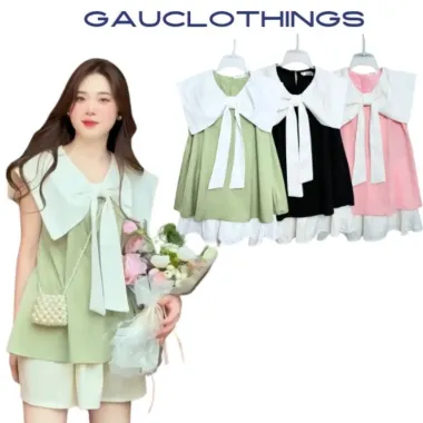 Áo Babydoll Cổ Nơ + Chân Váy Hàn Quốc Giá Rẻ Chỉ 139k - Set Outfit Nữ Xinh