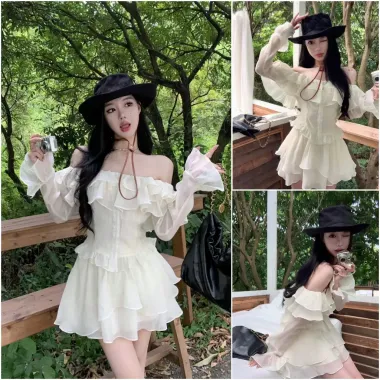 Áo Babydoll Cổ Nơ + Chân Váy Hàn Quốc Giá Rẻ Chỉ 139k - Set Outfit Nữ Xinh
