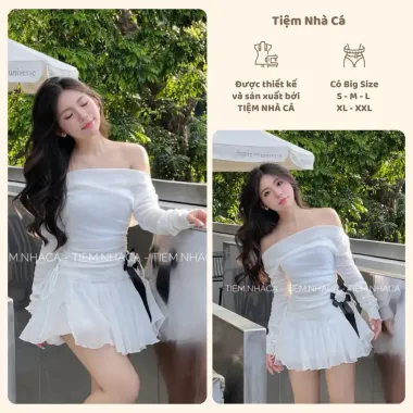 Áo Lệch Vai Nữ Vải Thun Chun Eo + Chân Váy Bí Xoè Đẹp Alice Set Tiệm Nhà Cá Giảm 175k 1