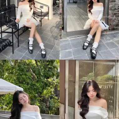 Áo Lệch Vai Nữ Vải Thun Chun Eo + Chân Váy Bí Xoè Đẹp Alice Set Tiệm Nhà Cá Giảm 175k 4