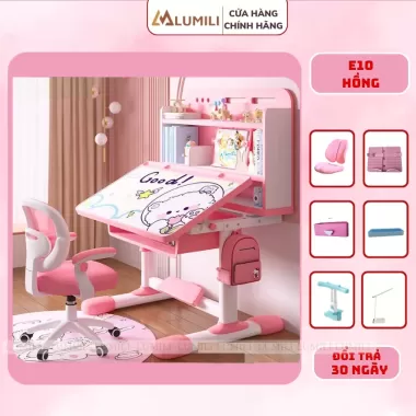 Bàn học sinh Lumili E10 có giá sách chống gù chống cận, bàn học chống gù cho trẻ em từ 3 đến 15 tuổi