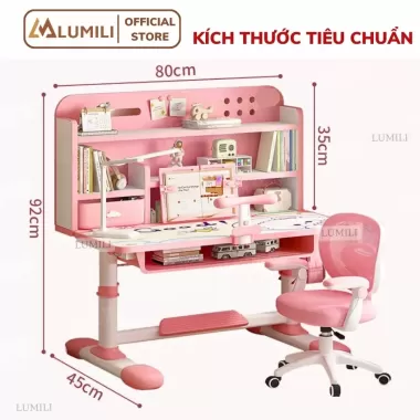 Bàn học sinh Lumili E10 có giá sách chống gù chống cận, bàn học chống gù cho trẻ em từ 3 đến 15 tuổi