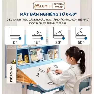 Bàn học sinh Lumili E10 có giá sách chống gù chống cận, bàn học chống gù cho trẻ em từ 3 đến 15 tuổi