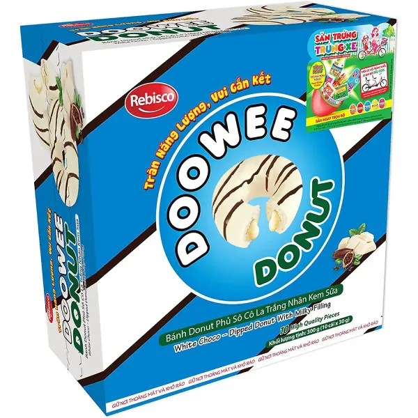 Hình ảnh sản phẩm Bánh Donut Doowee Phủ Socola Trắng Nhân Kem Sữa - Giảm Giá 10k, Chỉ 50k/Hộp 10 Chiếc