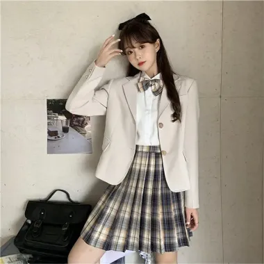 Bộ Ba Phong Cách Hàn Quốc Đồng Phục JK Mùa Hè - Áo Blazer Váy Midi Xếp Ly Thon Gọn Giá 326592đ 1