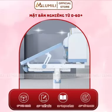 Bộ bàn học chống gù Lumili R22, bàn học cho bé có giá sách, bàn học sinh nâng hạ độ cao