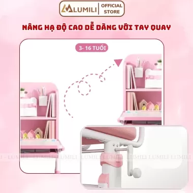 Bộ bàn học chống gù Lumili R22, bàn học cho bé có giá sách, bàn học sinh nâng hạ độ cao