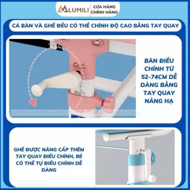 Bộ bàn học chống gù Lumili R22, bàn học cho bé có giá sách, bàn học sinh nâng hạ độ cao
