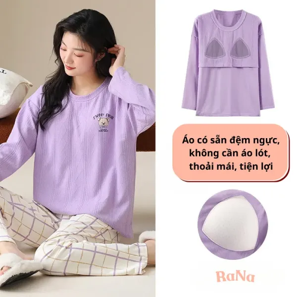 Hình ảnh sản phẩm Bộ Ngủ Dài Tay HANA Đệm Mút Ngực - Đồ Bộ Mặc Nhà Thu Đông Giá Chỉ 145k