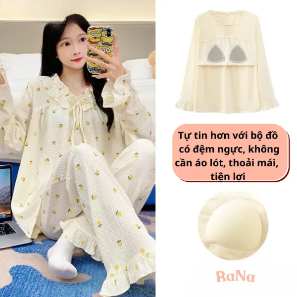 Hình ảnh sản phẩm Bộ Ngủ Dài Tay HANA Đệm Mút Ngực - Đồ Bộ Mặc Nhà Thu Đông Giá Chỉ 145k
