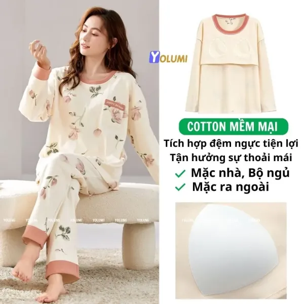 Hình ảnh sản phẩm Bộ Ngủ Dài Tay HANA Đệm Mút Ngực - Đồ Bộ Mặc Nhà Thu Đông Giá Chỉ 145k