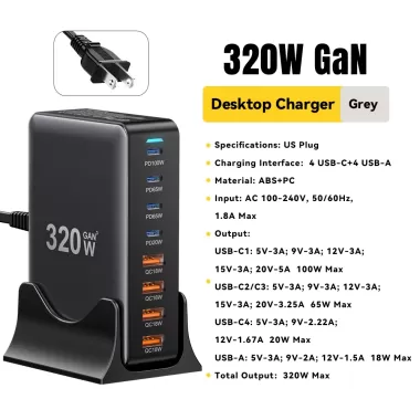 Bộ sạc GaN ESSAGER 320W Bộ chuyển đổi cổng 4A + 4C Hỗ trợ sạc nhanh PPS PD3.1. Qc4.0 FCP SCP BC1.2 DCP Ap2.4A Samsung AFC Có Thể Thích Ứng Cho Laptop, Máy Tính Bảng, Điện Thoại Di Động, Tai Nghe 1