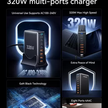 Bộ sạc GaN ESSAGER 320W Bộ chuyển đổi cổng 4A + 4C Hỗ trợ sạc nhanh PPS PD3.1. Qc4.0 FCP SCP BC1.2 DCP Ap2.4A Samsung AFC Có Thể Thích Ứng Cho Laptop, Máy Tính Bảng, Điện Thoại Di Động, Tai Nghe 3