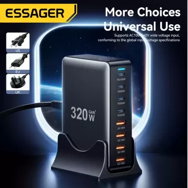 Bộ sạc GaN ESSAGER 320W Bộ chuyển đổi cổng 4A + 4C Hỗ trợ sạc nhanh PPS PD3.1. Qc4.0 FCP SCP BC1.2 DCP Ap2.4A Samsung AFC Có Thể Thích Ứng Cho Laptop, Máy Tính Bảng, Điện Thoại Di Động, Tai Nghe 7