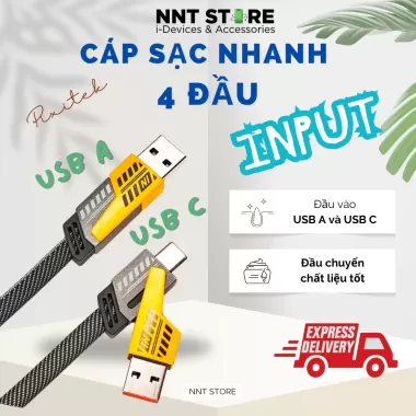 Cáp Sạc Nhanh 4 Đầu 65W Cổng C-L, C-C, USB-C, USB-L Đa Năng 4 Trong 1 Hỗ Trợ Sạc Nhanh Tiện Lợi 4