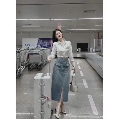 Chân váy jean ngắn nữ vintage túi hộp màu bụi, giá rẻ chỉ 124k, có đai