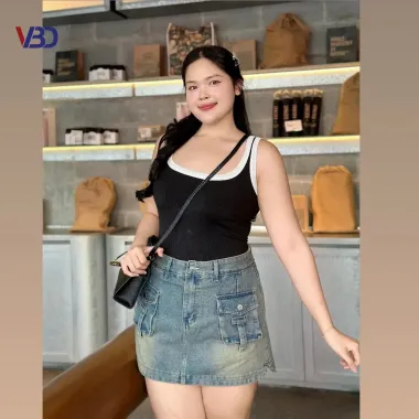 Chân váy jean ngắn nữ vintage túi hộp màu bụi, giá rẻ chỉ 124k, có đai