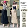Chân váy midi hoa đỏ dáng dài xẻ tà viền sóng hè giá rẻ 209k QC cao cấp 1