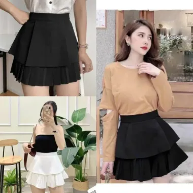 Chân váy ngắn nữ 2 màu đen trắng nhiều tầng ren dễ thương có quần trong giá chỉ 92k