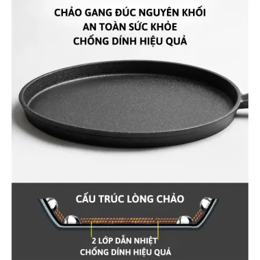 Chảo Gang Chống Dính Tròn Chảo Đổ Bánh Xèo Chảo Rán Chống Dính Tay Gỗ Sang Trọng Size 20cm/26cm Dùng Cho Mọi Loại Bếp 8