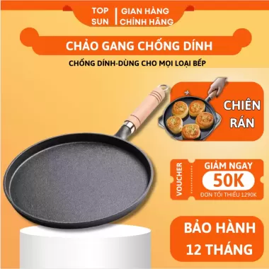 Chảo Gang Chống Dính Tròn Chảo Đổ Bánh Xèo Chảo Rán Chống Dính Tay Gỗ Sang Trọng Size 20cm/26cm Dùng Cho Mọi Loại Bếp 9