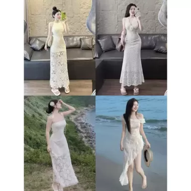 Đầm dự tiệc cổ yếm ren hoa phối lưới xòe bồng Runam Dress (ko cườm cổ)