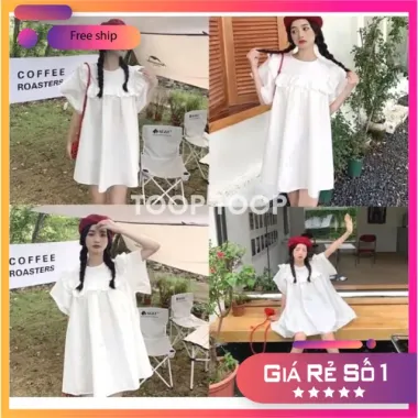 Đầm Nữ Babydoll Cánh Tiên Ulzzang Viền Bèo Màu Trắng Xanh Rêu Giá Cực Sốc 39k
