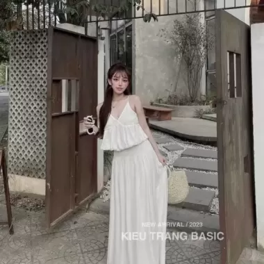 Đầm thời trang nữ đi chơi đi biển chất manggo áo dây cổ vuông nhún ngực kèm khoát thun ren cao cấp 3