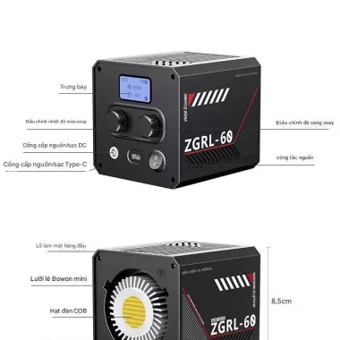 Đèn cầm tay COB ZGRL-60 có pin sạc type-C quay phim chụp hình ngoài trời nhỏ gọn pin lâu 6