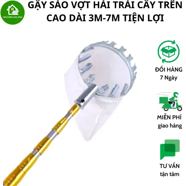 Hình ảnh sản phẩm Dụng cụ gậy hái quả, sào hái trái cây, hoa quả, cắt cành trên cao rút gọn dài tới 7m kèm đầu vợt đường kính 16cm và cưa.