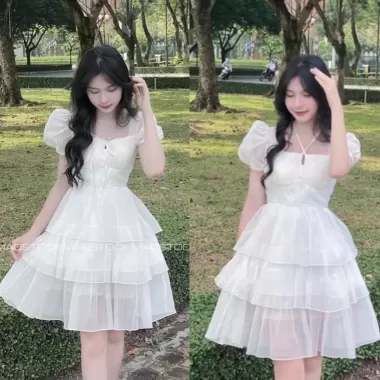 [FREESHIP] Đầm tiểu thư bồng bềnh thời trang nữ dự tiệc chất xốp hoa cổ V tay ngắn váy có lót dáng chữ A dài maãi siêu x 6
