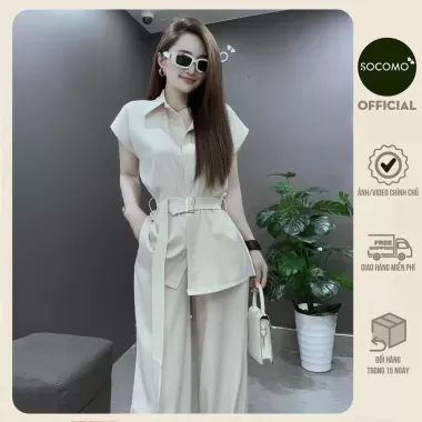 GERME Set đồ nữ Fleuri Áo nữ suông cổ sen đính 11 hoa nổi thủ công AVNH072502,Quần nữ ống rộng dáng A lưng cao QVNH07250 4