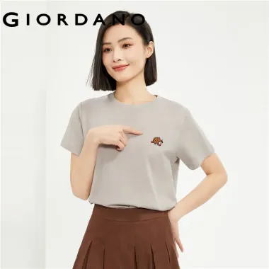 GIORDANO WOMEN 100% Cotton capybara embroidery short sleeve tee 05395383 1
