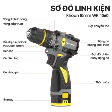 Khoan Pin WuKong 16.8V Có Búa, Không Chổi Than, Giá Shock 540k - Đầu Kẹp 10mm Tự Động 6