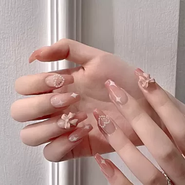 [LB &amp; N] Móng tay giả anh đào 3D dễ thương màu hồng có keo dán Nơ ngọt ngào Sơn ép móng tay cho bé gái 1