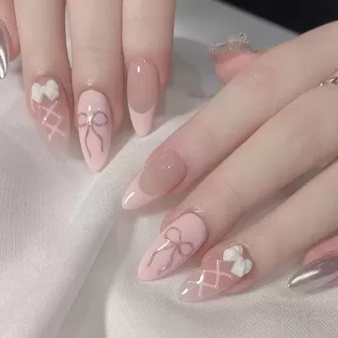 [LB &amp; N] Móng tay giả anh đào 3D dễ thương màu hồng có keo dán Nơ ngọt ngào Sơn ép móng tay cho bé gái 3
