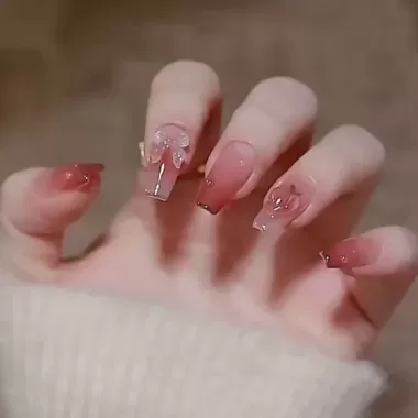 [LB &amp; N] Móng tay giả anh đào 3D dễ thương màu hồng có keo dán Nơ ngọt ngào Sơn ép móng tay cho bé gái 4