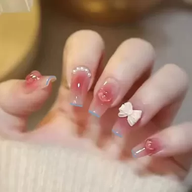[LB &amp; N] Móng tay giả anh đào 3D dễ thương màu hồng có keo dán Nơ ngọt ngào Sơn ép móng tay cho bé gái 7