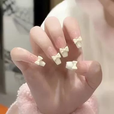 [LB &amp; N] Móng tay giả anh đào 3D dễ thương màu hồng có keo dán Nơ ngọt ngào Sơn ép móng tay cho bé gái 9