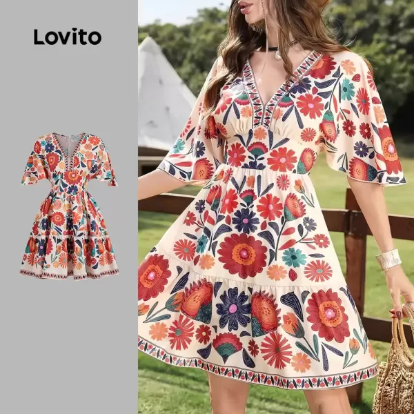 Ảnh sản phẩm Lovito Đầm thường ngày họa tiết nút mùa xuân hè nhiều màu cho nữ L135ED364