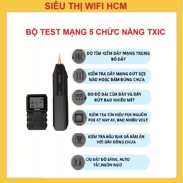 Hình ảnh sản phẩm Máy dò đo dây mạng kiểm tra test cáp mạng, đo chiều dài, test POE Thương hiệu TXIC có màn LCD kiểm tra chính xác